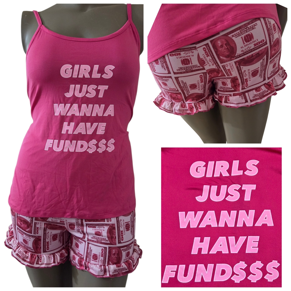 Girls Just Wanna Have Fund$$$ Tank Top & Ruffled Shorts Pajama Set 2X Pink NWT